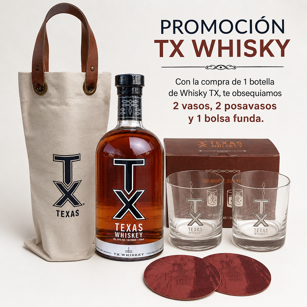 Promo x1 TX Texas Whiskey 700cc + Funda + 2 Vasos + 2 Posa Vasos
