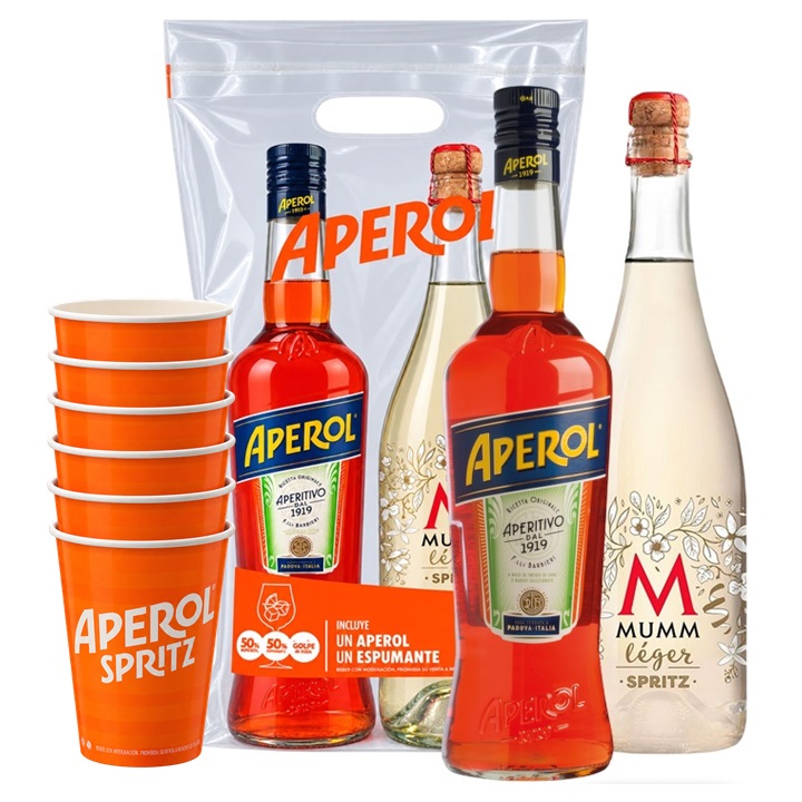 Promo 1 Aperol 750cc + 1 Mumm Leger Spritz 750cc + Bolsa Mixer + 6 Vasos
